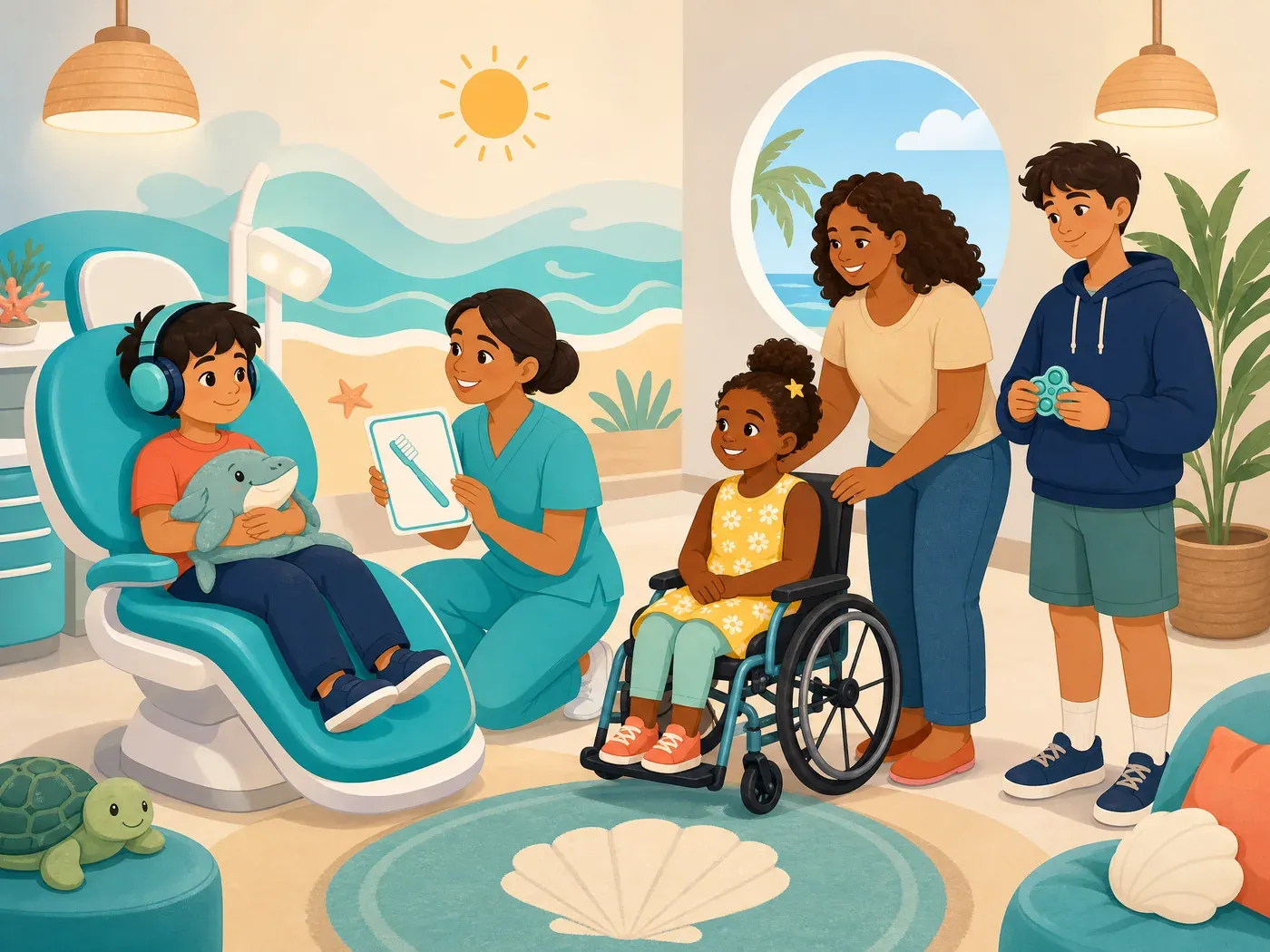 Illustration of an inclusive pediatric dental visit with a child watching a ceiling-mounted TV and a child who uses a wheelchair waiting comfortably