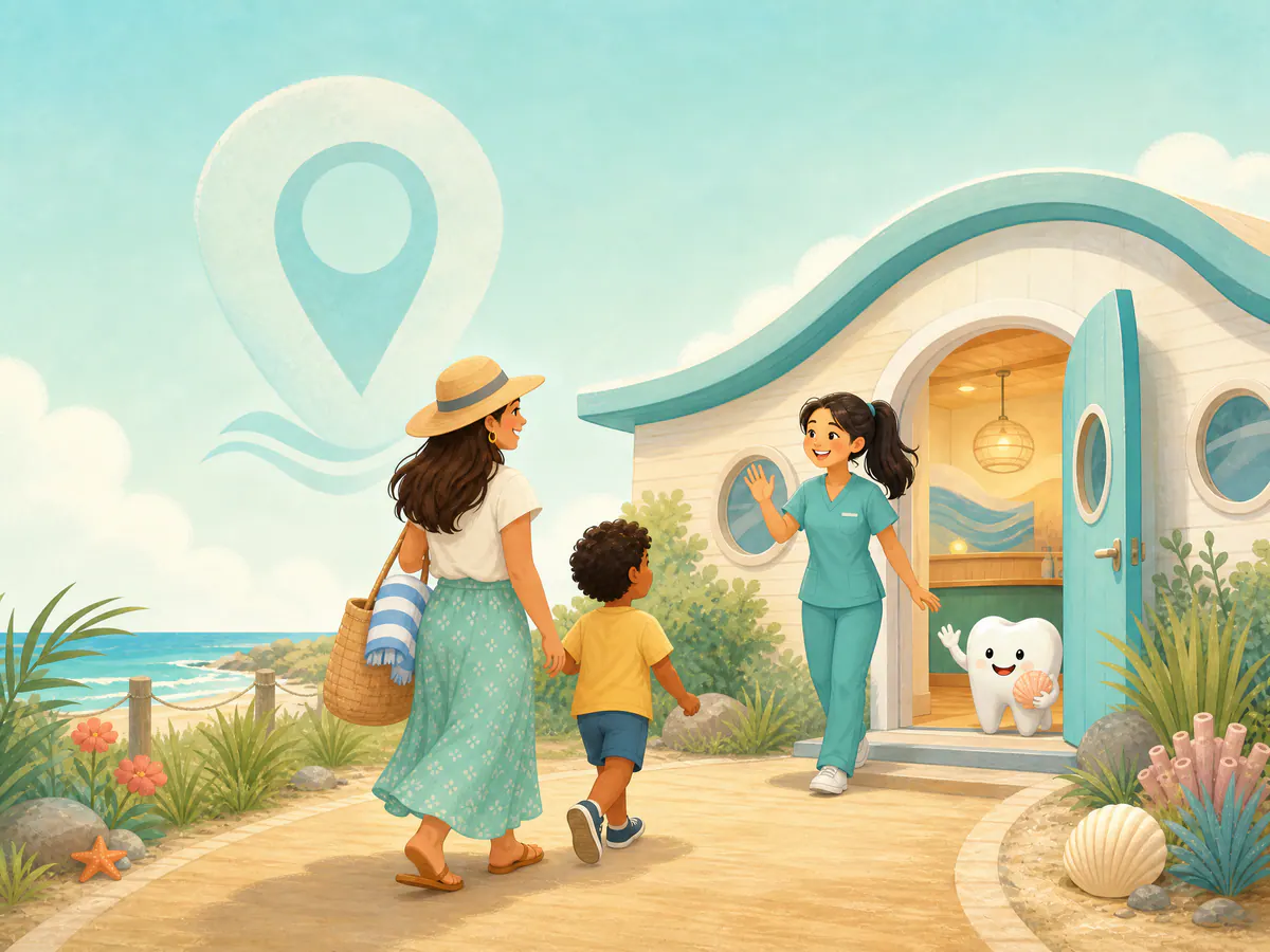 A parent and child arriving at a welcoming pediatric dental office.