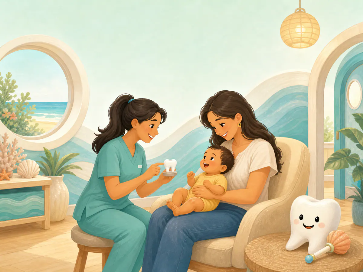 A parent holding a smiling baby while receiving gentle infant oral-care guidance.