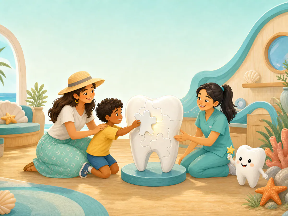 A child and pediatric dentist completing a tooth puzzle that represents careful restorative care.