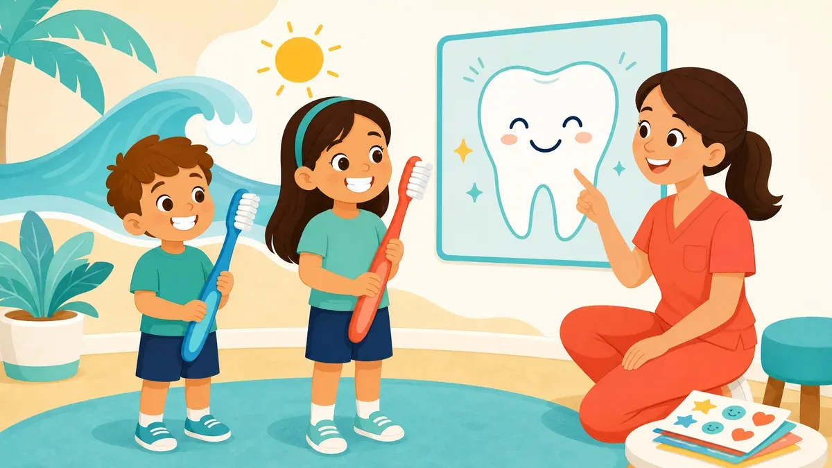 Illustration of two children holding toothbrushes while a hygienist explains healthy teeth at Kids First Pediatric Dental Care in Zanesville
